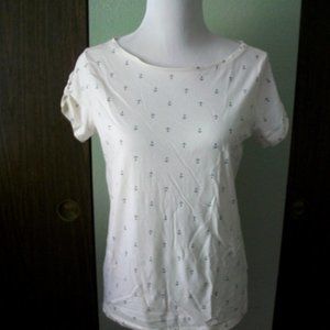 Joe Fresh White Nautical Black Anchor Boat Neck Short Sleeve Knit Tee Shirt Sz L